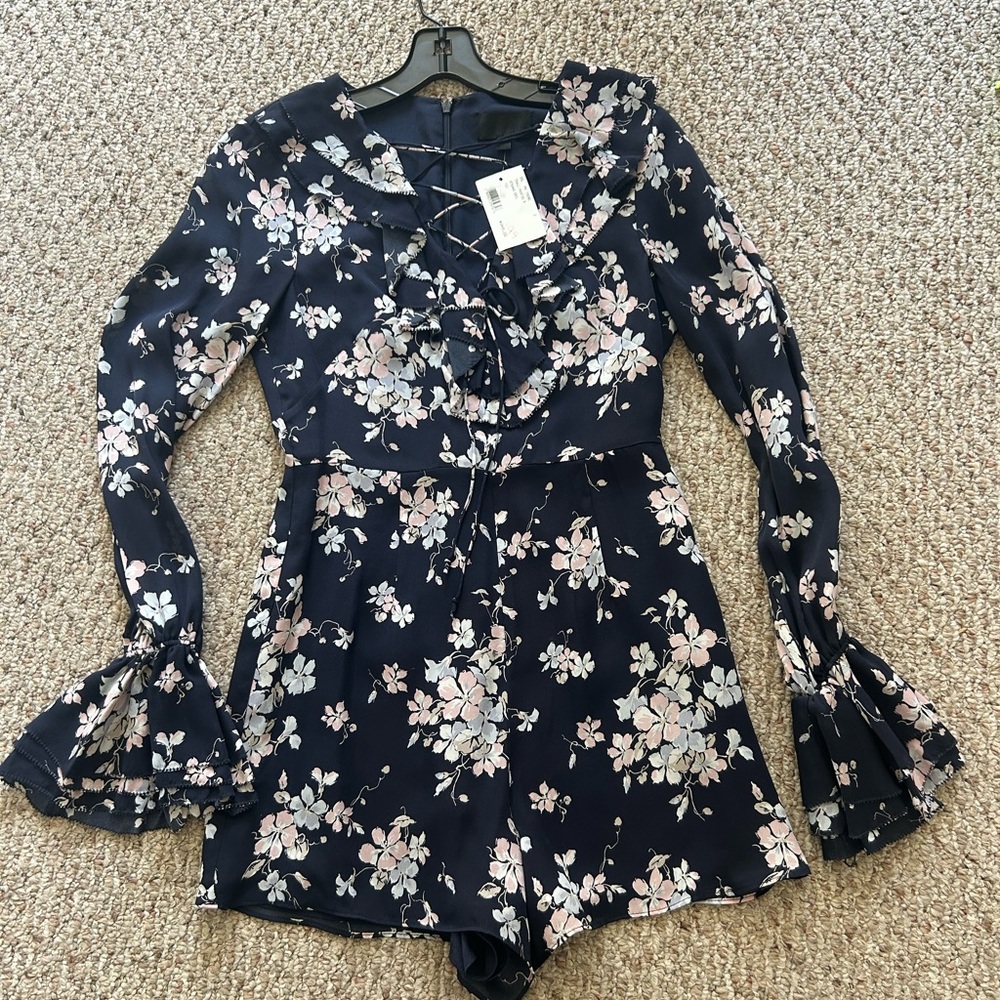 INTERMIX Navy Floral Lace-Up V-Neck Romper with Flowers
